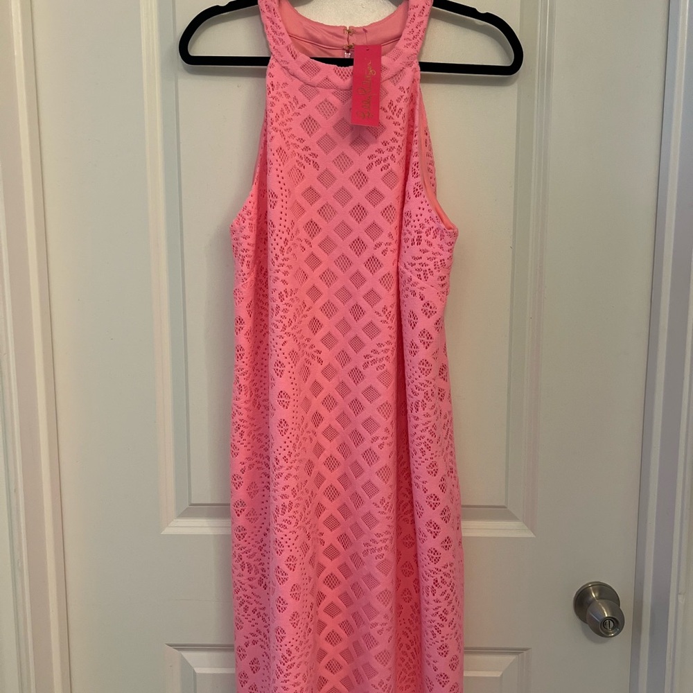 Lilly Pulitzer Rayanne Shift Dress in Pelican Pink Pineapple Geo Lace